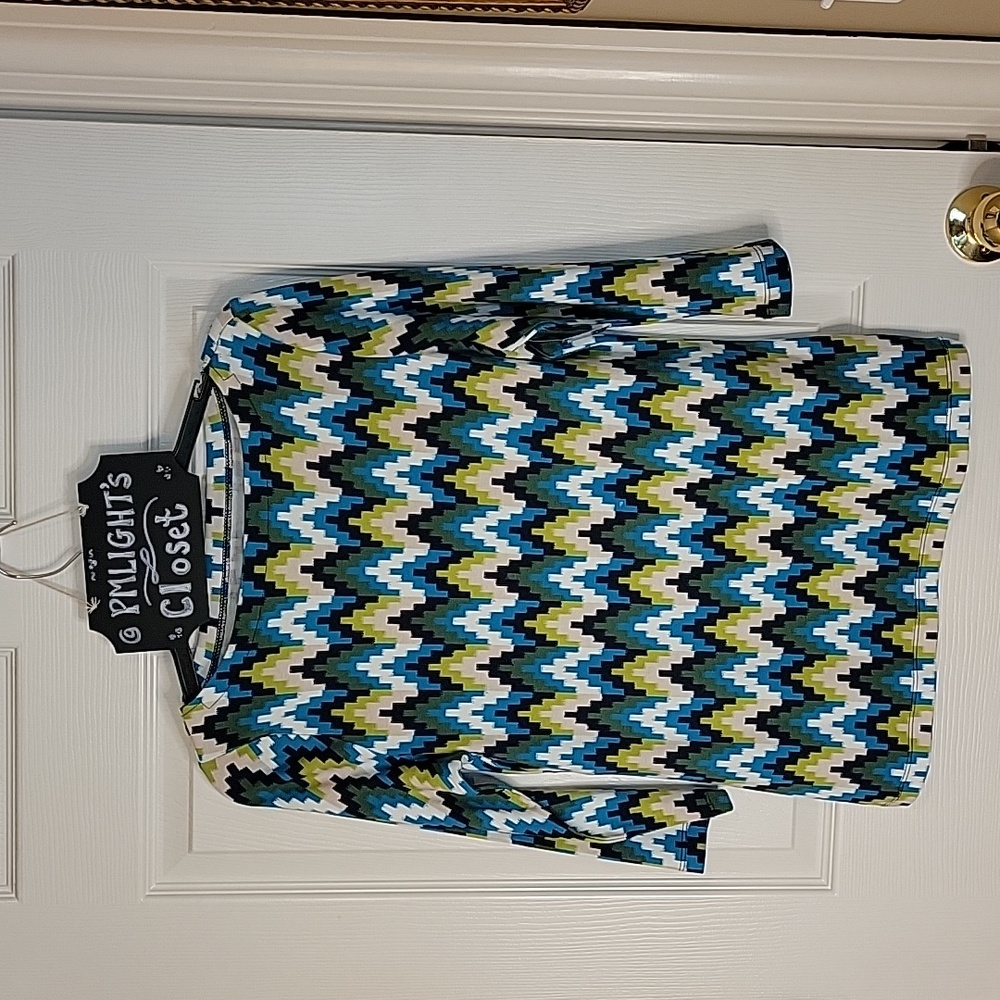 Kim Rogers Blouse Small New Teal Blue Black White Chevron Stripe